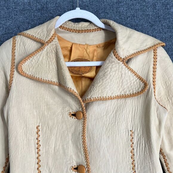 Vintage North Beach Leather Jacket Cream Whipstitch Button Up Hippie Pockets - Picture 2 of 16